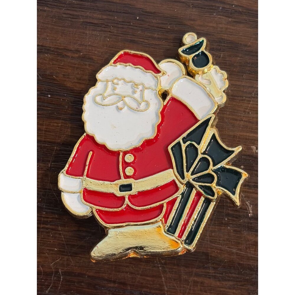 Santa Claus Enamel Pin With Gold-Tone Finish & Festive Gift & Bell Design